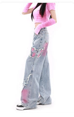 Blue Womens Jeans Butterfly High Waist Straight Baggy Denim Pants American