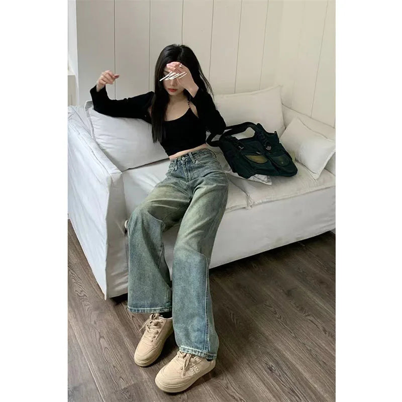 Baggy Straight Denim Trousers Female Y2K High Waist Loose Wide Leg Jeans