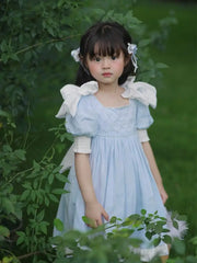 Kids Spanish Clothes Girls HandMade Blue Dress with Big Bow sleeve Baby Pearl