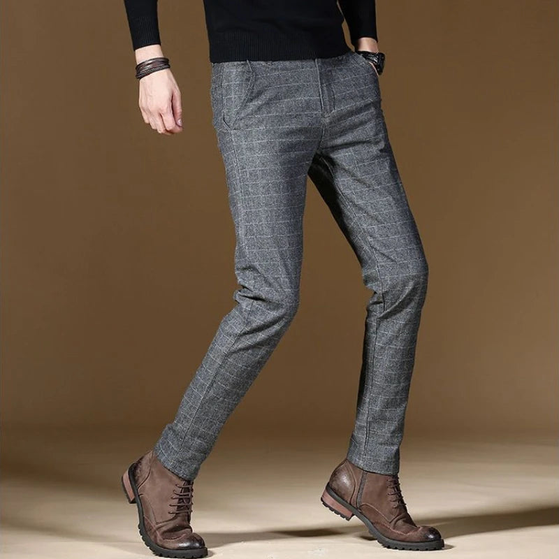 Male Suit Trousers Gray Plaid Check Straight Clothing Premium Men's