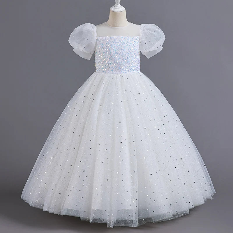 Children's Dress Girls' Princess Sequin Bubble Sleeve Long Mesh Flower Little Girl Wedding For Summer