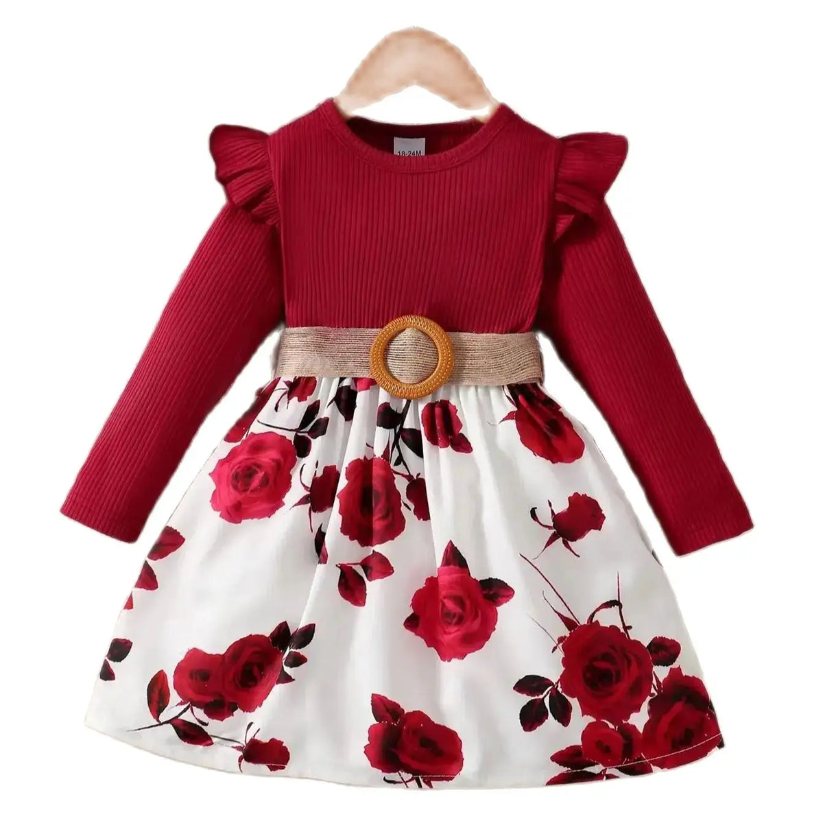 Children Girls Dress Red Long Sleeved Flower Skirt for Birthday