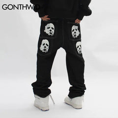 Hip Hop Gothic Denim Pants Streetwear Mens Graphic Print Baggy Punk Rock Jeans