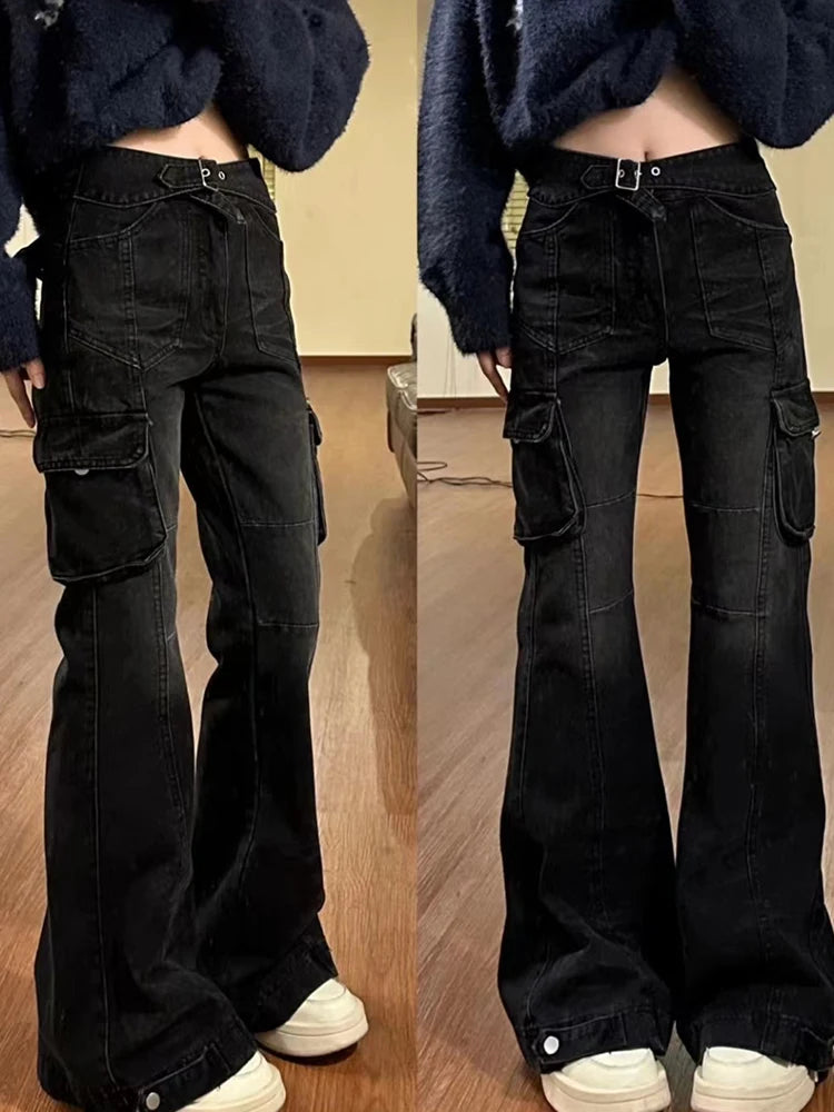 High Street Office Lady Black Flare Jeans Slim Bell Bottoms Gyaru Fashion Denim Trousers