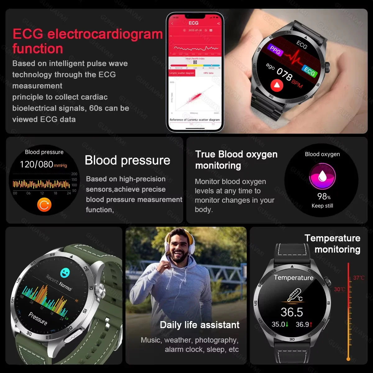 GUHUAVMI NEW Fashion Health Expert Laser iagnosis Smart Watch Men ECG+PPG Three highs  Blood Pressure Heart Rate HD Call Watches