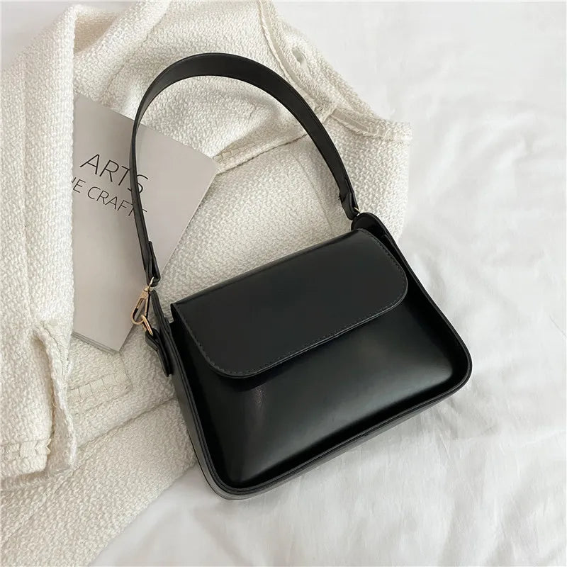 Chic Simple Small Flap Shoulder Bags For Women Solid Color Pu Leather Handbag