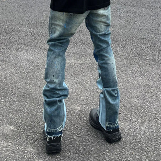 High Street Retro Ink Splash Patchwork Ripped Jeans Flare Pants Men and Women