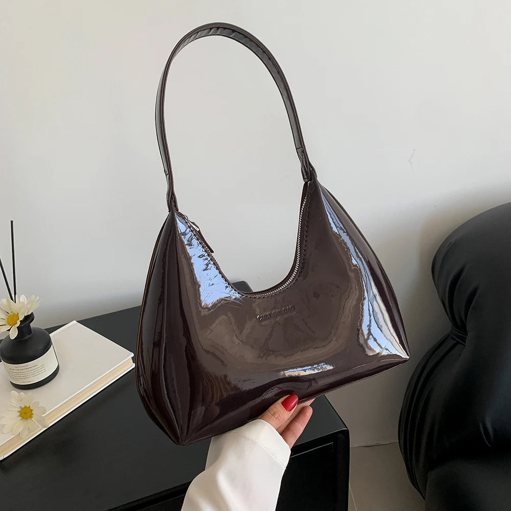 Women's Bag Patent Leather Tote Bag Fashion Shoulder Bag Versatile Crescent Bag