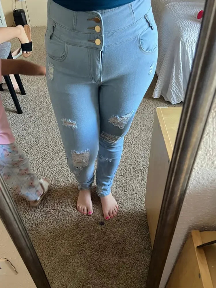 Women High Waist Stretch Skinny Ripped Jeans Lady Slim Fit Hip Wrap Denim Pencil Pants Y2k Punk Streetwear Light Blue Trousers