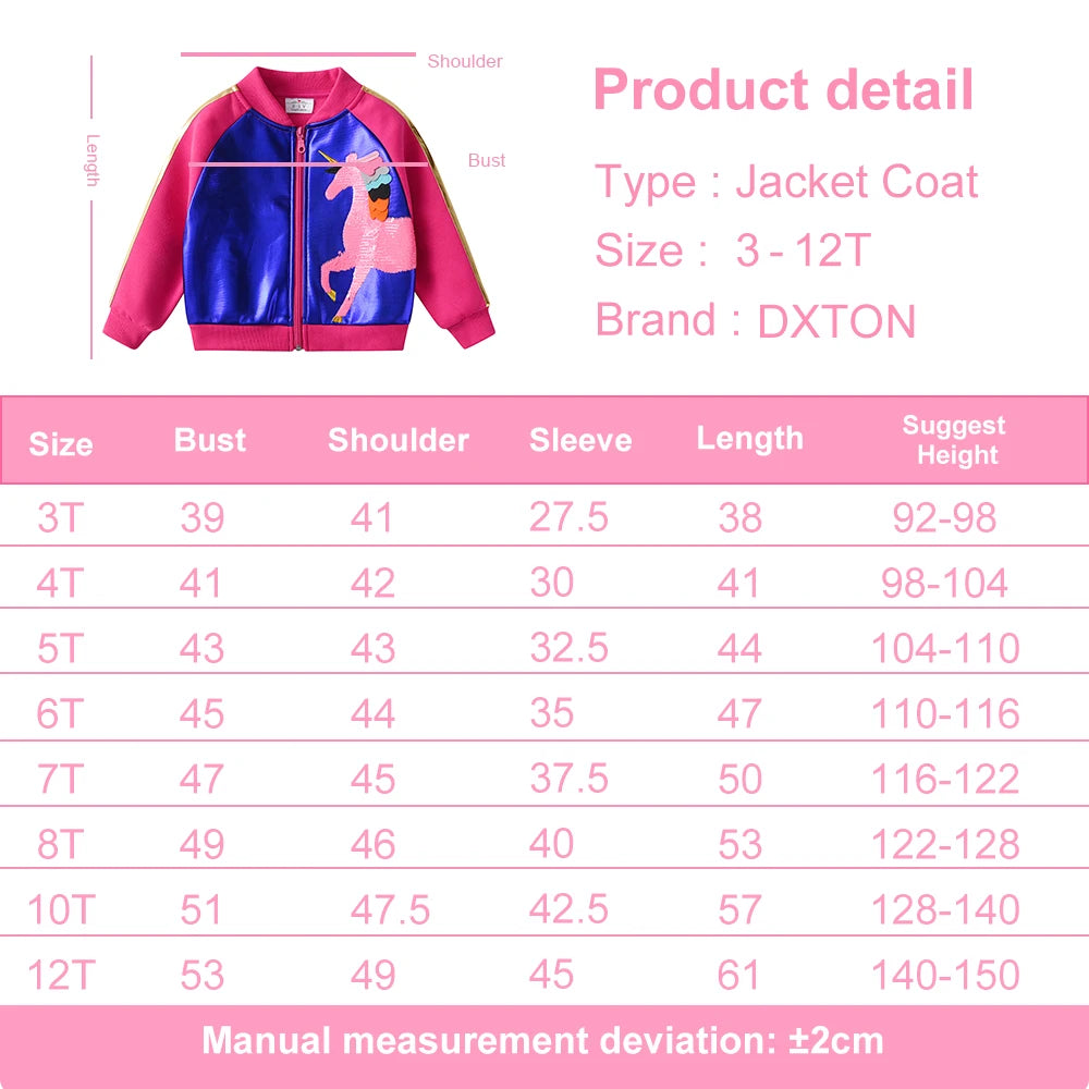 DXTON 2024 Autumn Winter Girls Jackets Unicorn Children Coat Sequin Zipper Cardigan Kids Jackets Cool Girls Outerwear Costumes