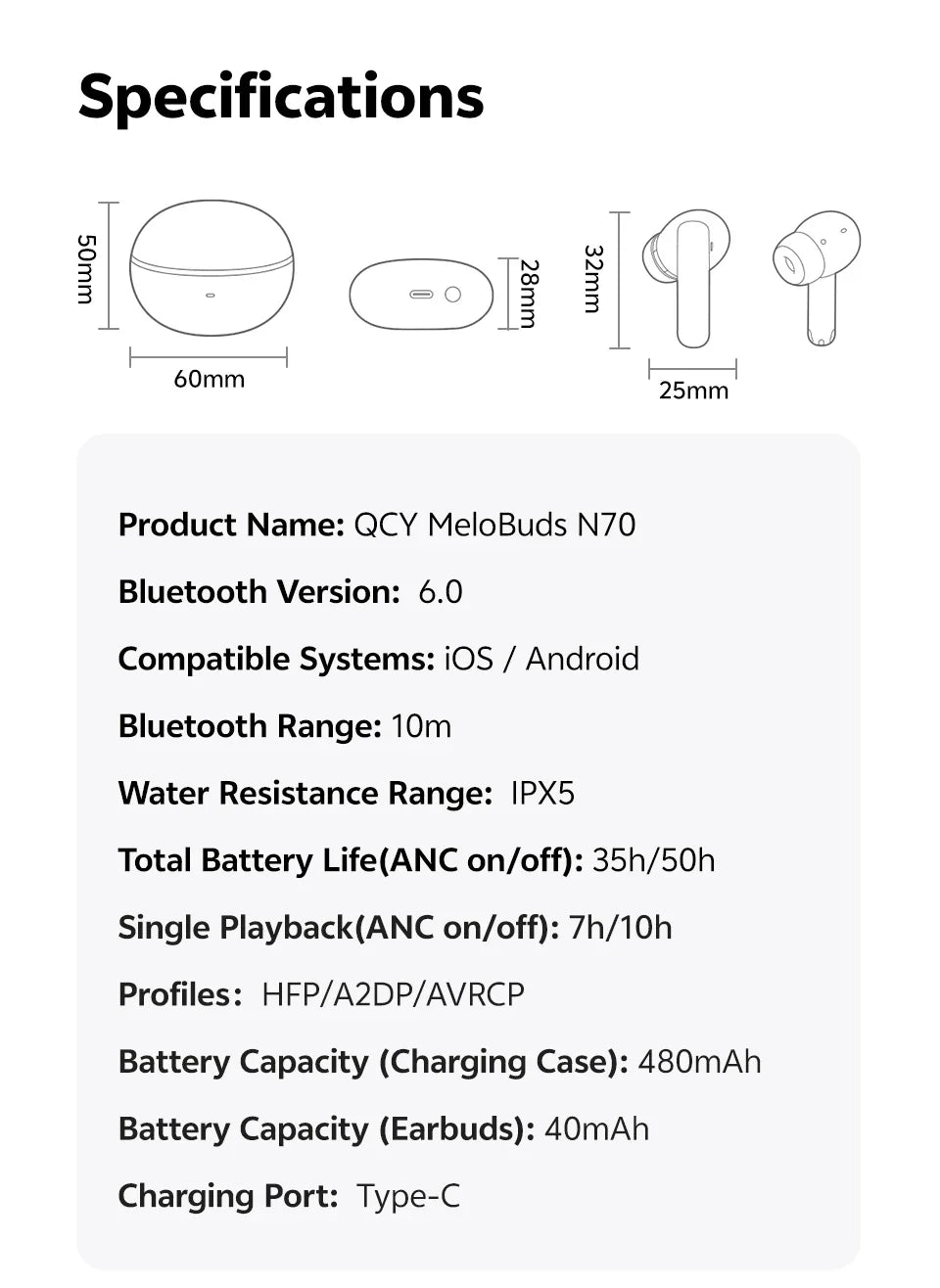QCY MeloBuds N70 Adaptive ANC Wireless Earbuds Bluetooth 6.0 LDAC Hi-Res Audio 6 Mics Wireless Charging Earphones 50Hrs IPX5