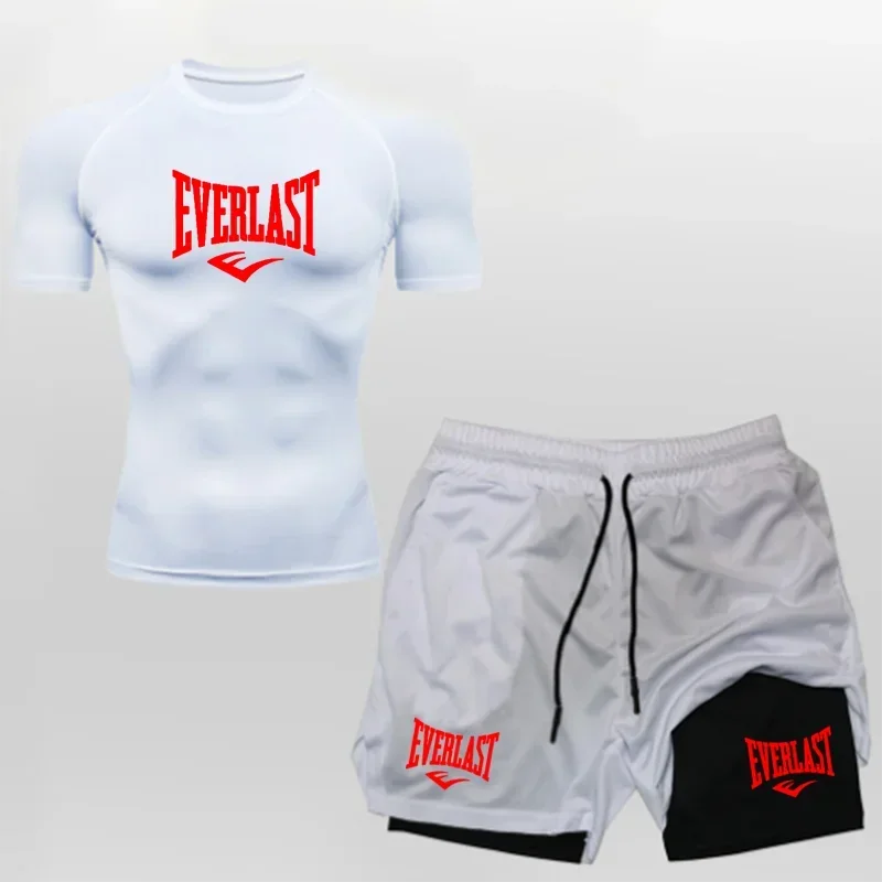 EVERLAST Men's Compress Shirt + 2-in-1 sports shorts 2pcs Set Leisure Breath Short Sleeve Sport Jogging Gym Brand Print Clothing
