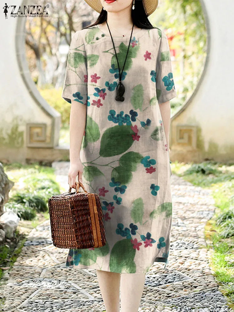 Evening wear Dresses: Vintage Short Sleeve Floral Dress Women