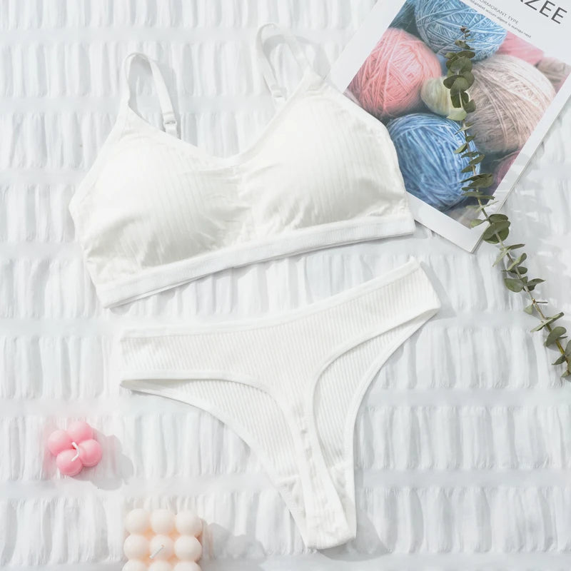 Women Top Panties Set Cotton Tops Low Waist Briefs Underwear Set Comfortable Soft