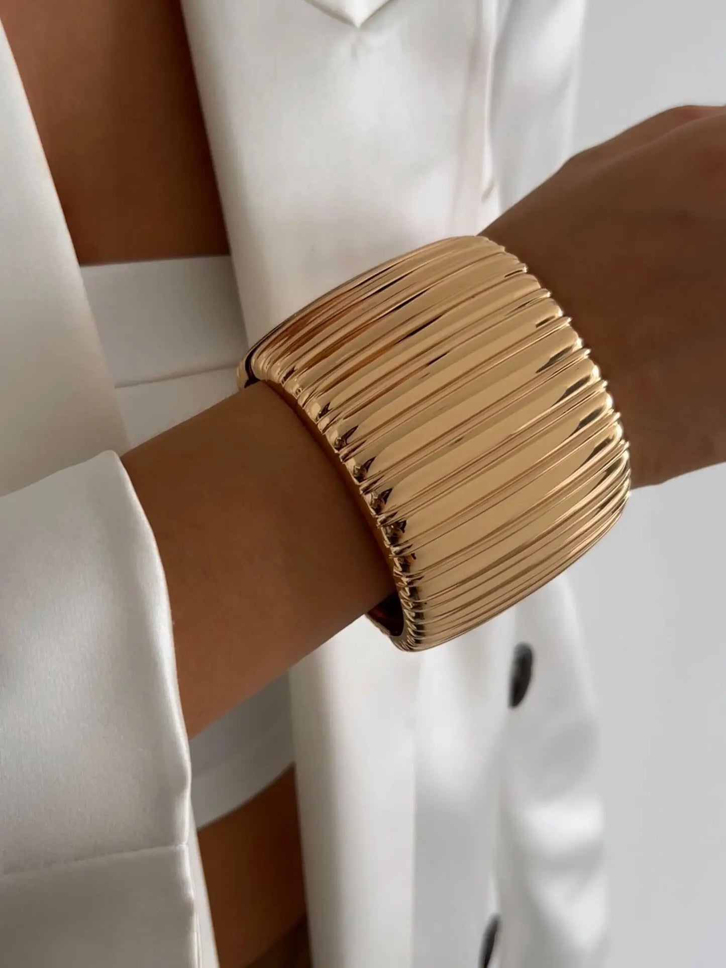 KunJoe Fashion Design Smooth Gold Color Chunky Spring Bangles for Women Exaggerated Geometric Wide Open Cuff Bracelet Unisex Men