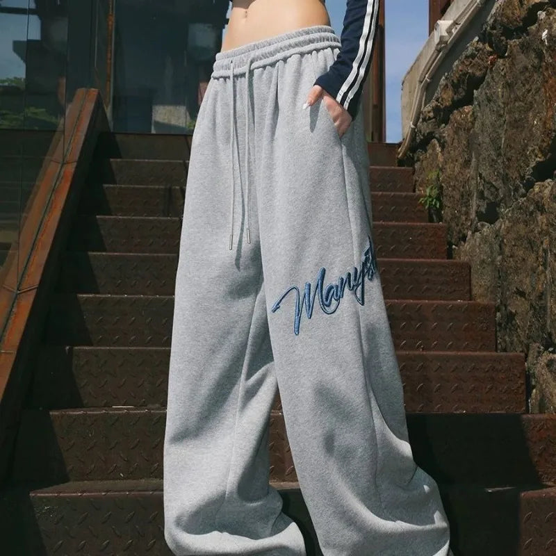 Gray Hip Hop Jazz Pants Men Women Fashion Letters Embroidery Loose Wide Leg