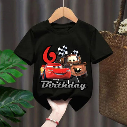 Lightning Mcqueen Boys T Shirt Kids Clothes Birthday Number 1-9 Print Children's Clothing Party Wear Cotton Tops Disney Cars Tee