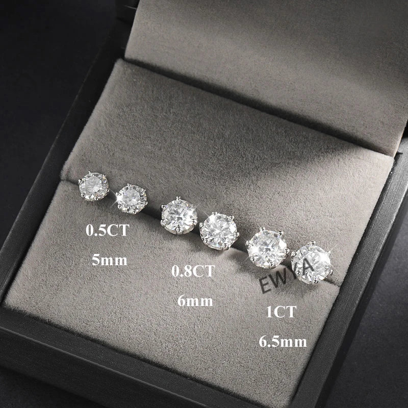 EWYA 0.2/0.5/2ct D Color Moissanite Screw Stud Earrings for Women Men Silver 925 Plated 18K Pass Diamond Test 6 Prong Earring