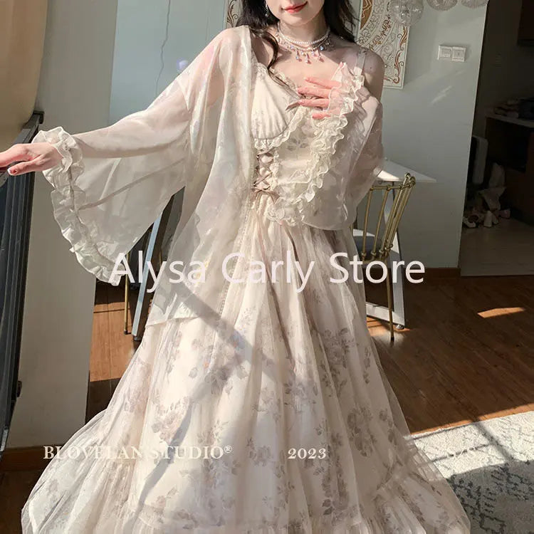 Evening Dresses: Vintage Elegant Floral Dress Women Sweet Ruffles Mesh