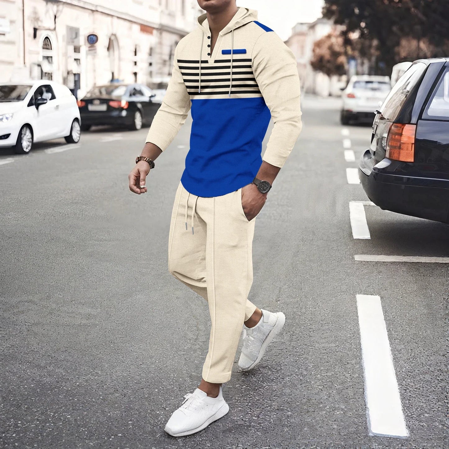 New Men's Waffle Casual Set Outdoor Four Seasons Versatile Trendy Stripe Color blocked Hoodie, Casual Pants Two Piece Set