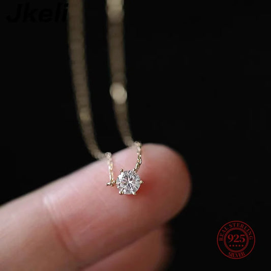 925 Sterling Silver 18k Gold Plated Necklace Single Sparkling Zircon Clavicle