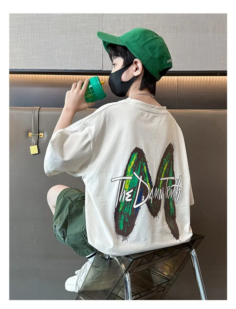 New Teen Boys Clothing Set Summer Letter Short Sleeve T-shirt Pants 2Pcs Suit For 5 6 8 10 12 Years Kids Handsome Casual Outfit