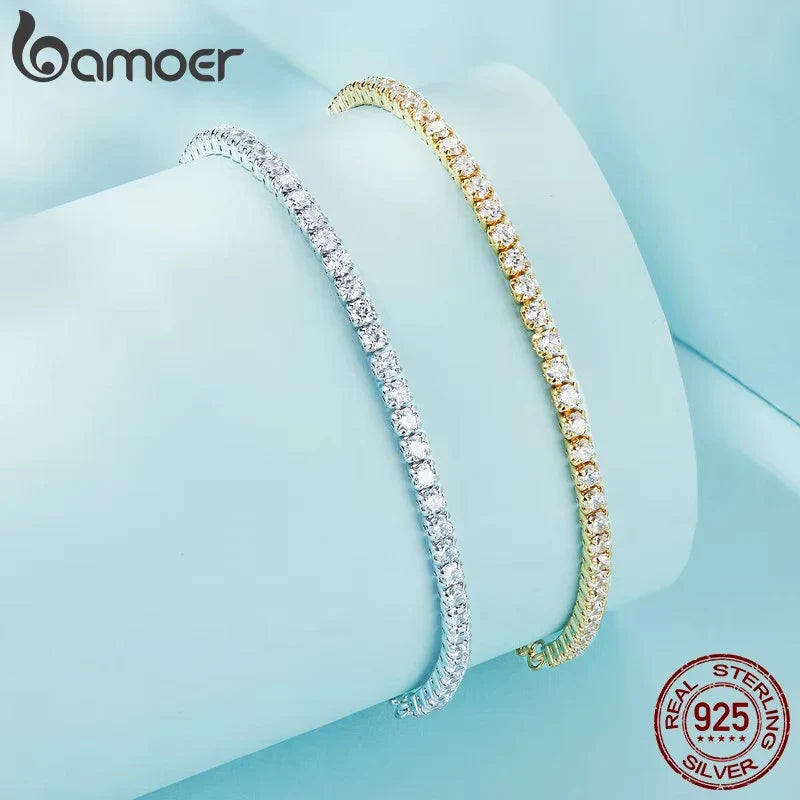 BAMOER 18K Gold Plated CZ Classic Tennis Bracelet for Women, 925 Sterling Silver Adjustable Slider Bracelet Wedding Jewelry Gift