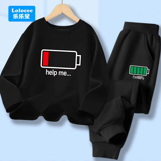 Autumn Kid Boy Long Sleeve 2pcs Clothes Set Children Funny Battery Letter Printed T-shirt Pullover Top And Pants Tracksuits DCW1