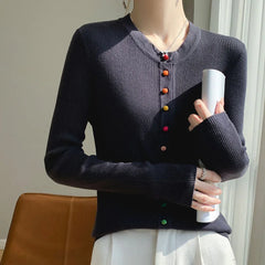 Women's 100% Merino Wool Sweater Round Collar Colorful Buckles Slim Fit Cardigan