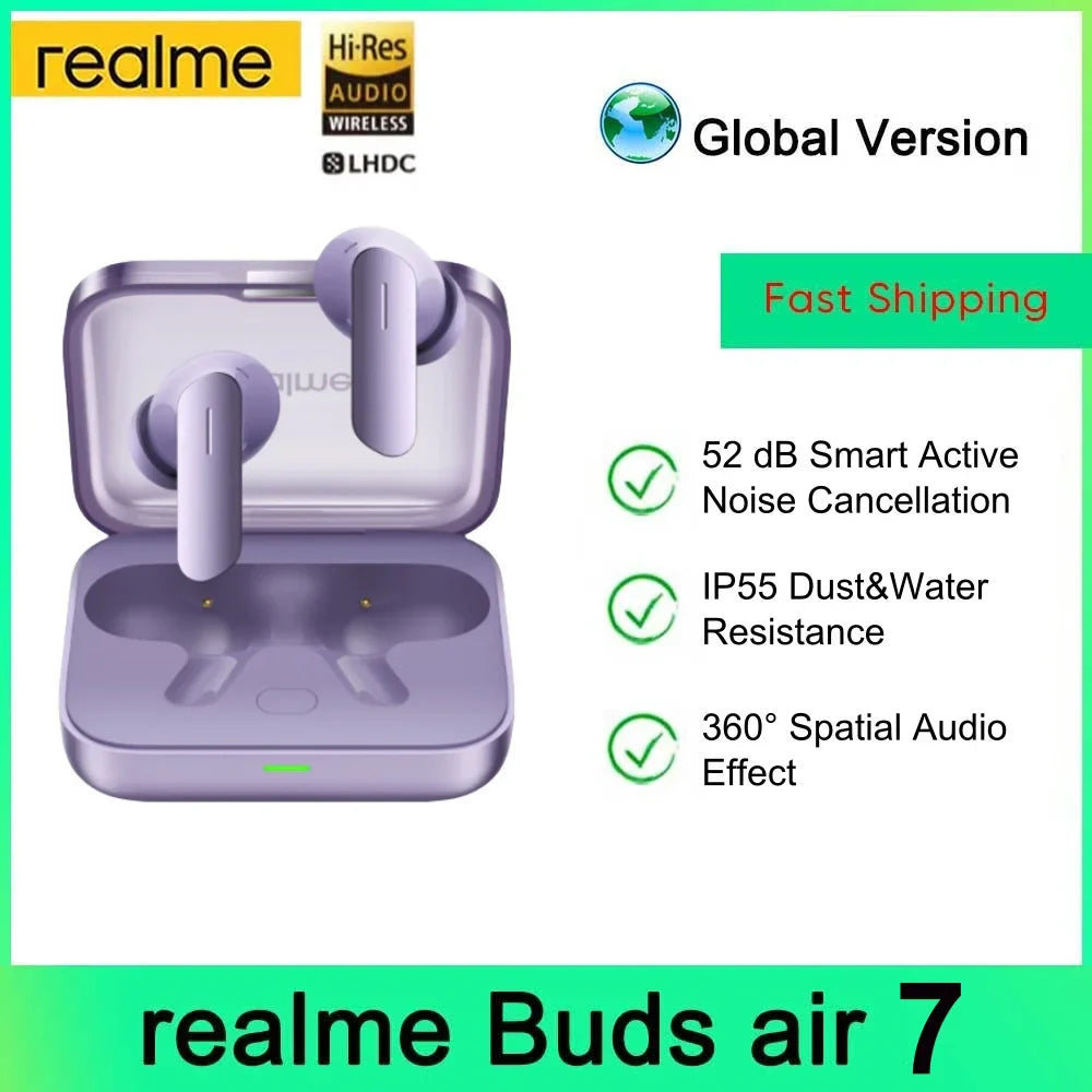 Global Version realme Buds Air 7 TWS Earphone 52dB Noise Cancellation 52 Hours Battery Life 12.4mm Bass Driver LHDC 5.0 IP55