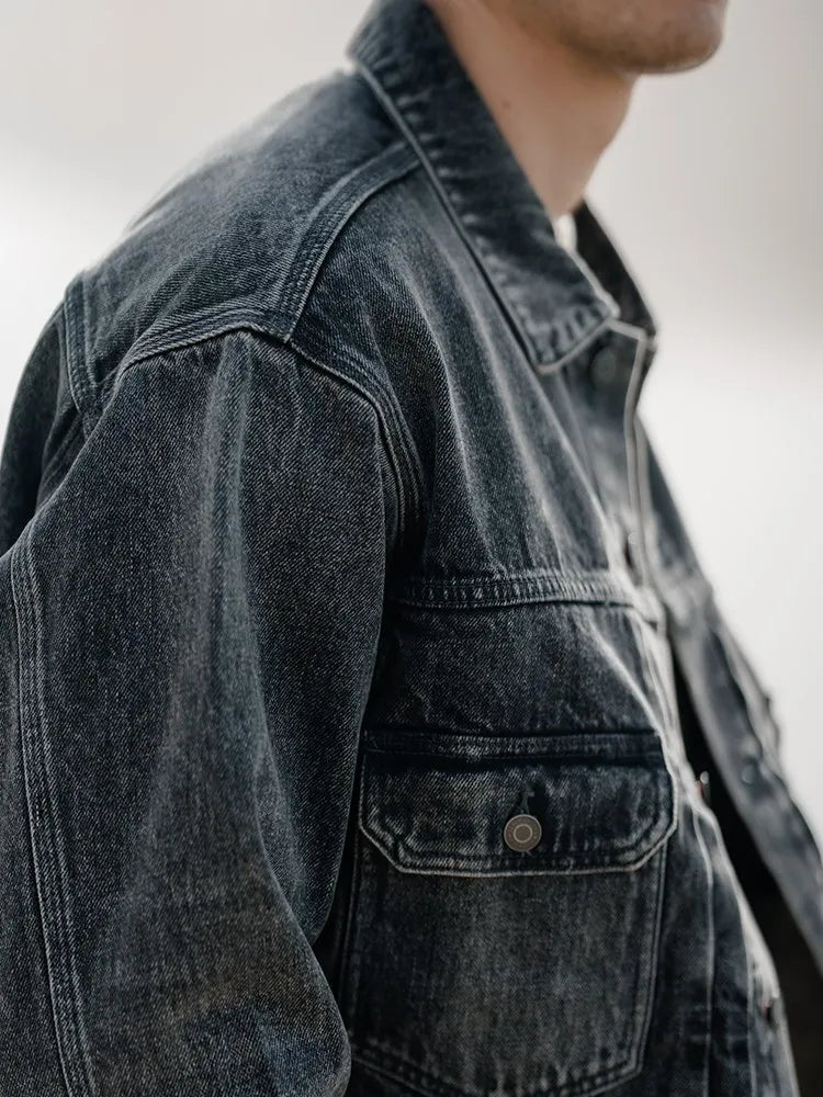 Autumn New Western Style Denim Jacket Men Ruched Design Fashion 15oz Washed Coats