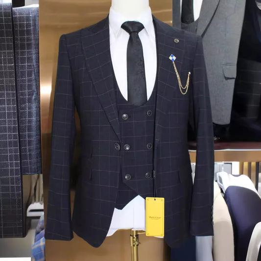 Tuxedo for Mens: Men Plaid Vest Blazer Pants 3 Pieces Set / Male Fashion High End