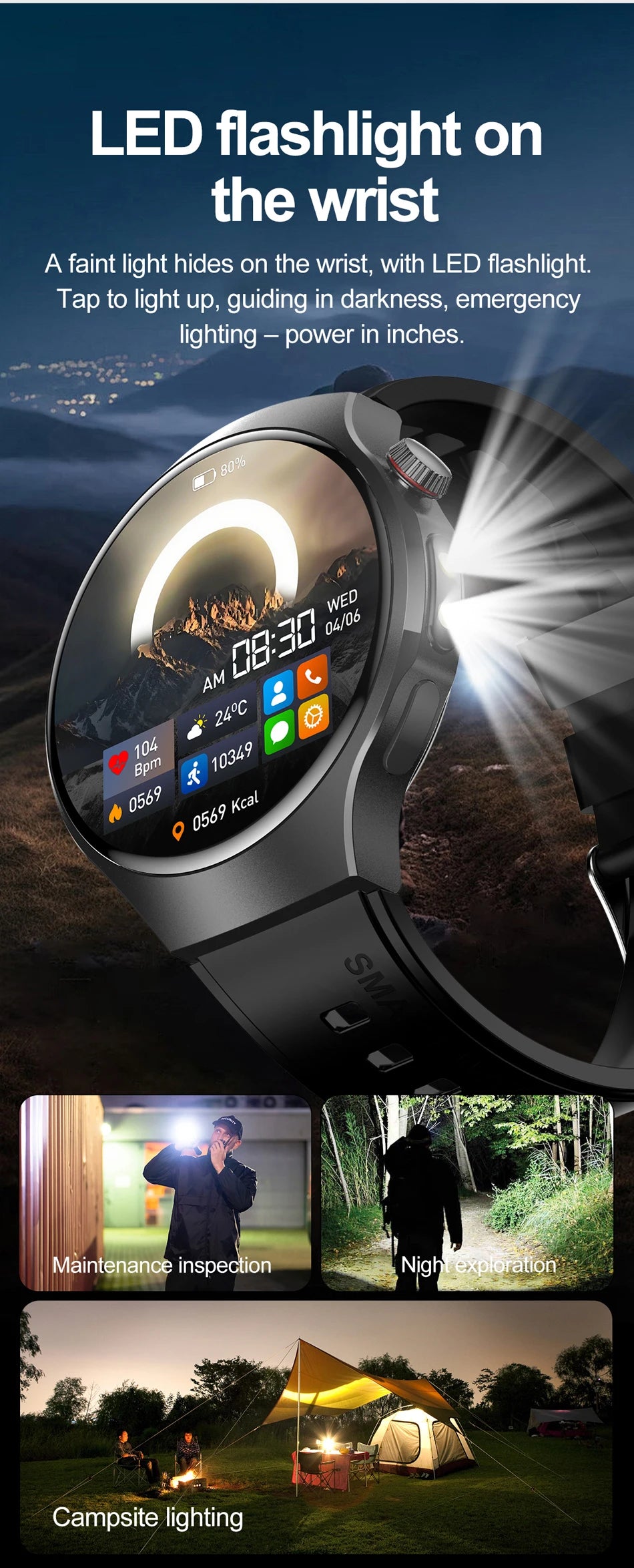 New Smart Watch Men Full Touch Screen Compass Bluetooth Call Flashlight Sports Activity Fitness Heart Rate Waterproof Smartwatch