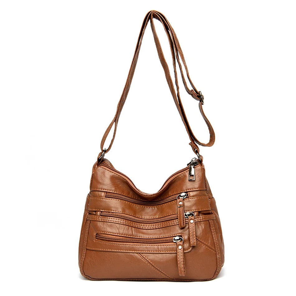 Women's Soft Leather Shoulder Bags Multi-Layer Pockets Classic