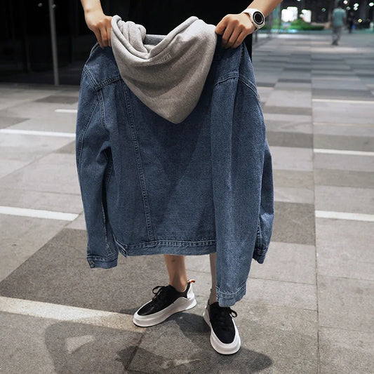 Denim Jacket Mens Hooded Slim Fit Casual Streetwear Jean Jackets Long Sleeve Jacket