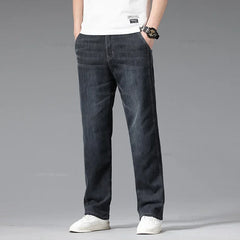 Baggy Jeans Blue Gray Elastic Waist Business Casual Straight Denim Trousers