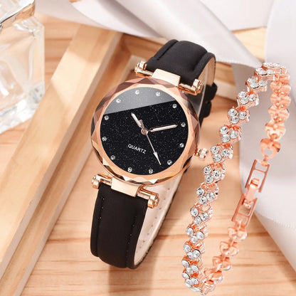 2PCS/Set Fashion Square Women Watches Casual Leather Strap Quartz Watch Rhinestone Bracelet Set