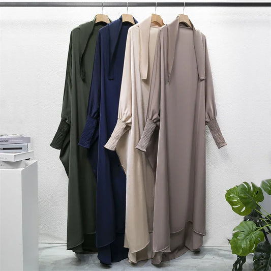 Muslim Abaya One-piece Prayer Dress Hooded Smocking Sleeve Women Jilbab Islamic