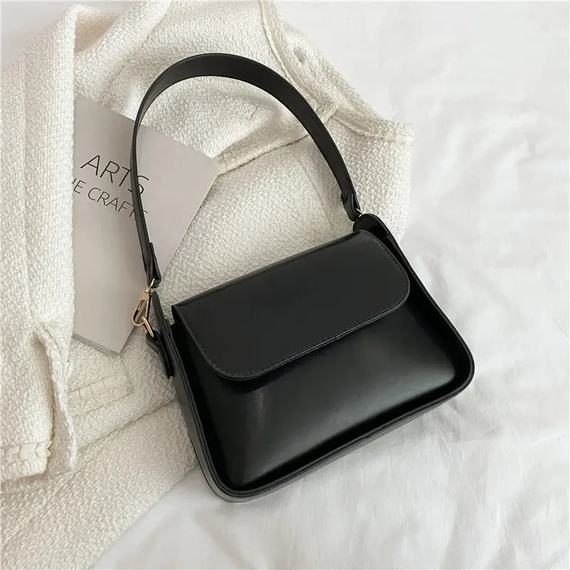 Chic Simple Small Flap Shoulder Bags For Women Solid Color Pu Leather Handbag