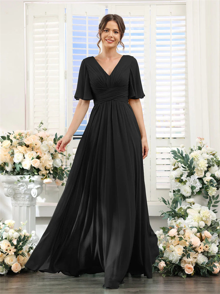 Evening wear Dresses: Half Sleeves Split Side Chiffon Bridesmaid Dresses