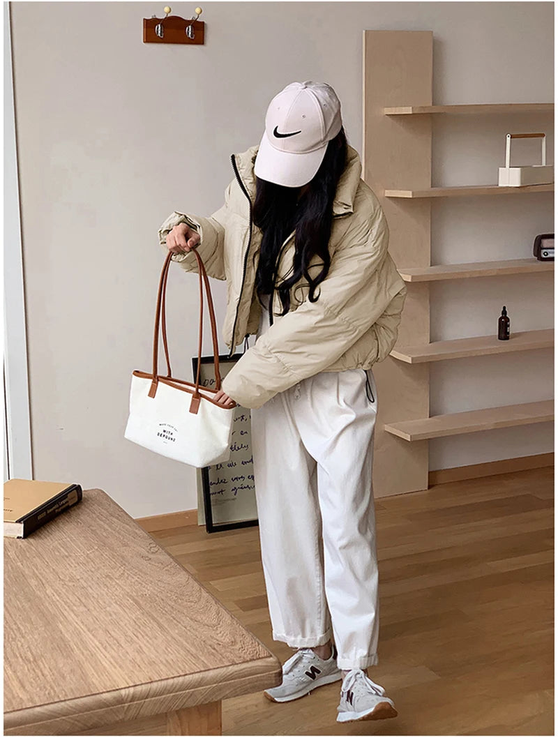 Korean Fashion Women Puffy Coats Simple Solid Loose Short Parkas Winter Thick