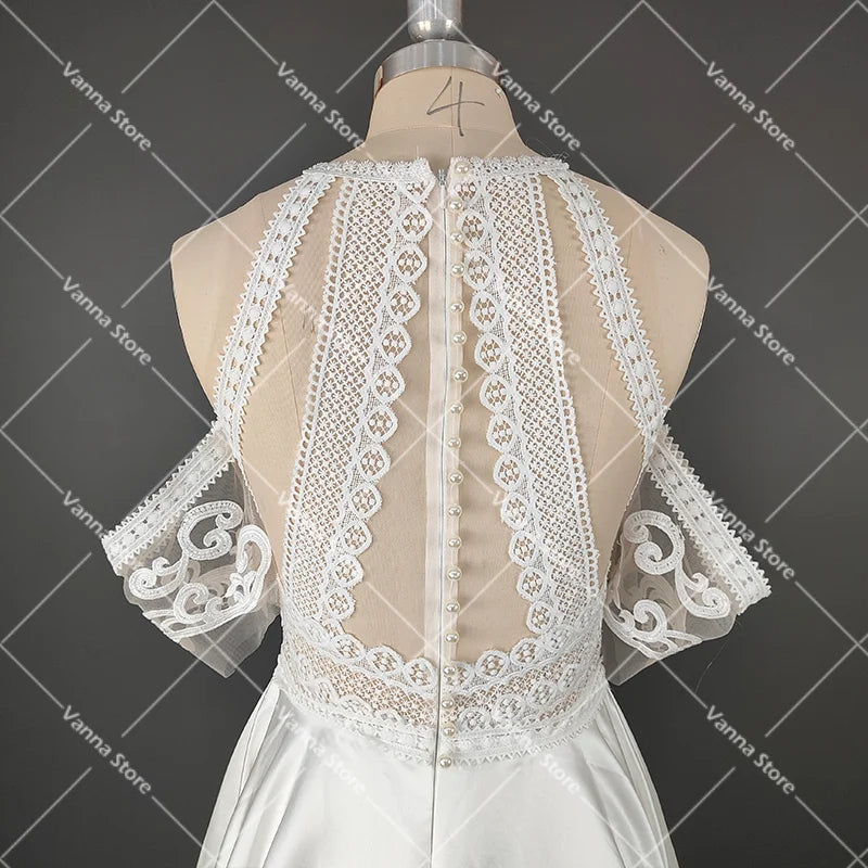 White Bridesmaid Dresses: Bohemian Cutout Lace Halter Wedding Dress A Line
