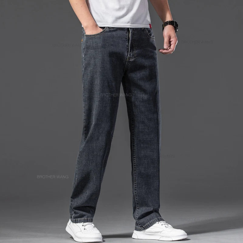 Summer Men's Thin Jeans Baggy Elastic Casual Straight Denim Pants Classic Smoke