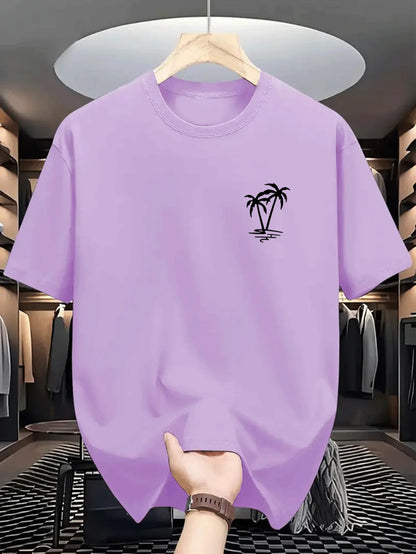 Men's summer 100% cotton fashionable casual loose coconut tree pattern printed sports round neck short sleeved T-shirt top