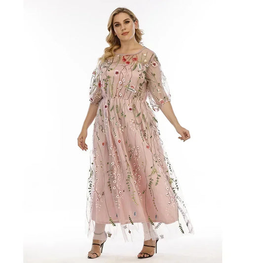 Plus size French Hepburn style oversized dress evening dress women's mesh embroidered banquet party long dress