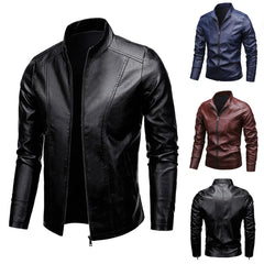 Men Leather Coat Vintage Classic Stand Collar Male Faux Leather Jacket