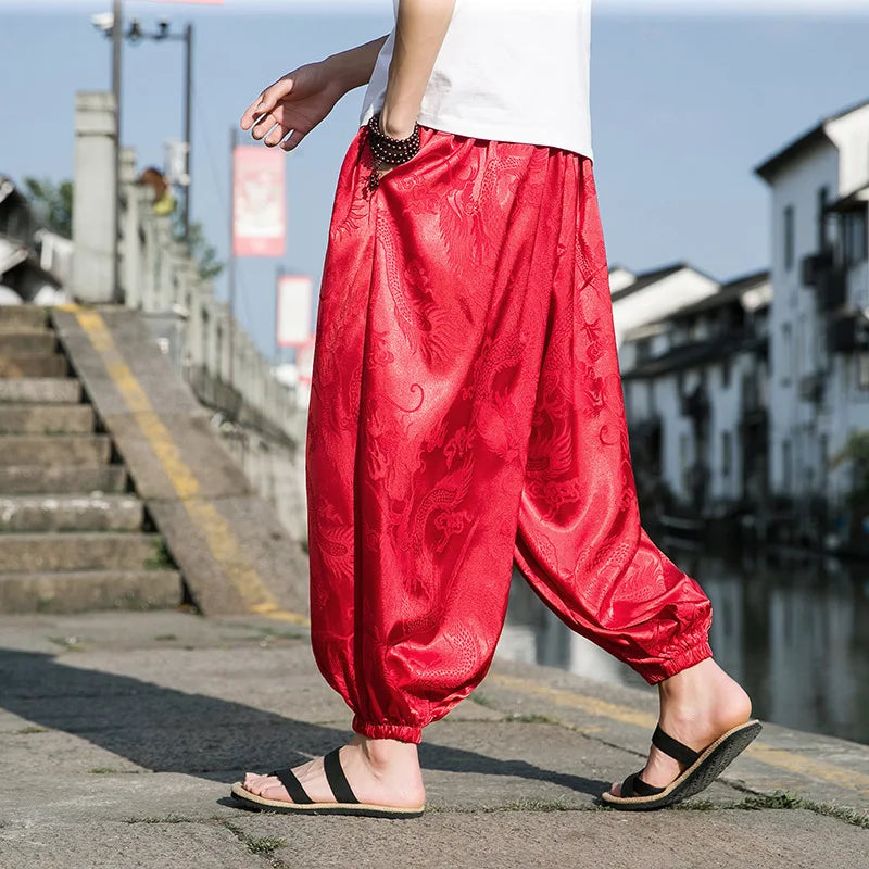 Outdoor Brand Pants For Men Lce Silk Dragon Dark Flower Loose Bloomers