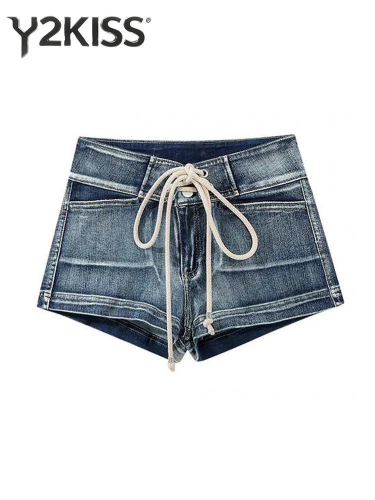 Summer Women Kpop Jean Shorts Abi Y2K 2000s Lace Up Denim Hot Pants Grunge Gyaru Japanese American Retro Cyber Punk Harajuku New