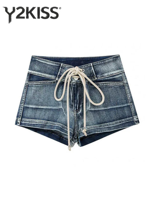 Summer Women Kpop Jean Shorts Abi Y2K 2000s Lace Up Denim Hot Pants Grunge Gyaru Japanese American Retro Cyber Punk Harajuku New