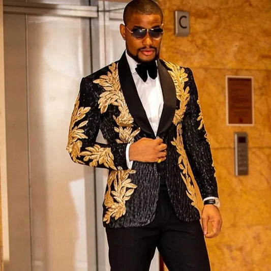 men's fashion gold sequin applique suit suit casual suit jacket song two-piece set